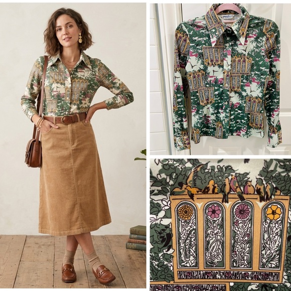 Vintage Tops - Vtg 70s Ship ’n Shore Bird & Garden Print Dagger Collar Button Up Shirt - M Poly